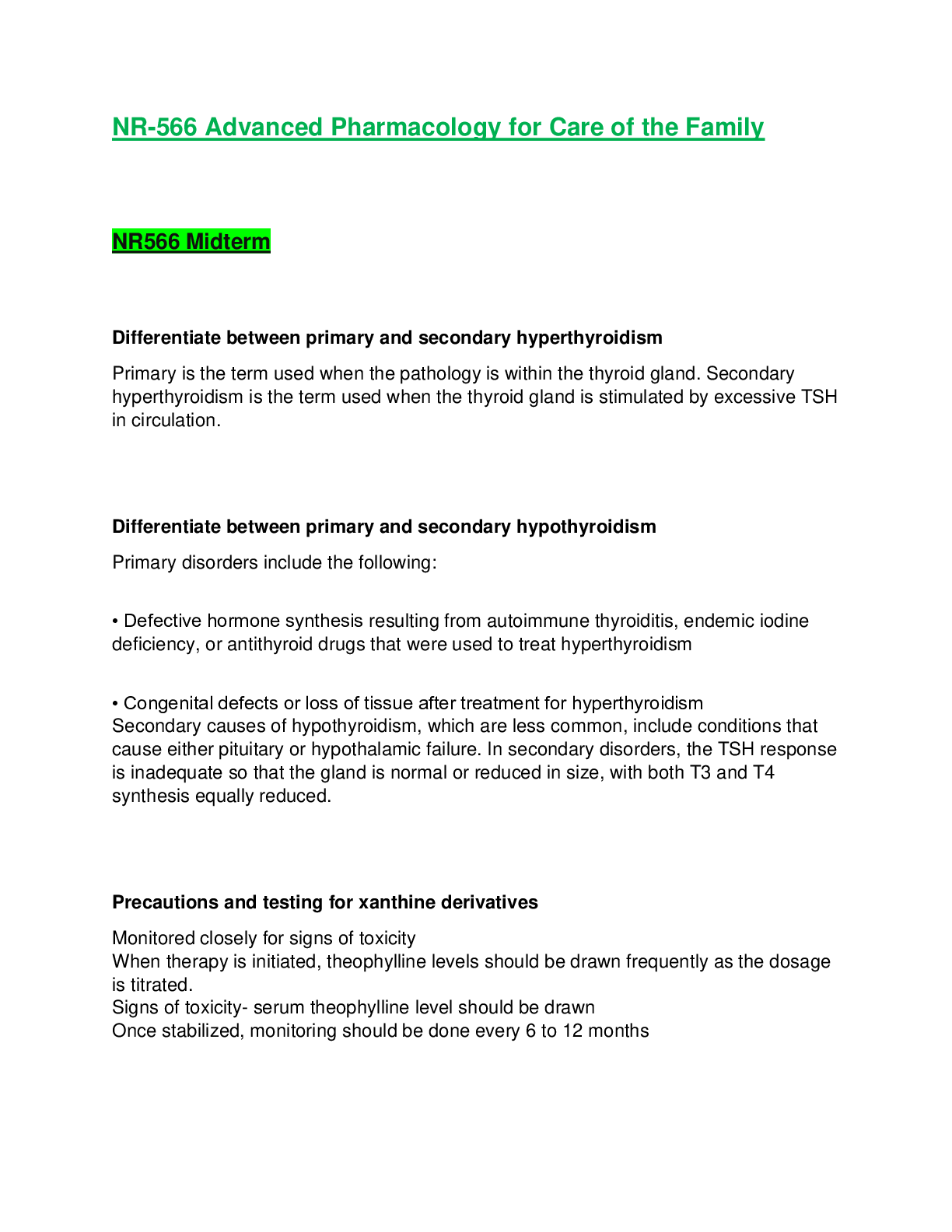 NR566 / NR 566 Advanced Pharmacology for Care of the Family Midterm Exam Review . (Graded A) Chamberlain College of Nursing